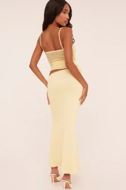 Rebellious Fashion Yellow Ruched Mesh Top & Maxi Skirt Co-ord Set - Timberly