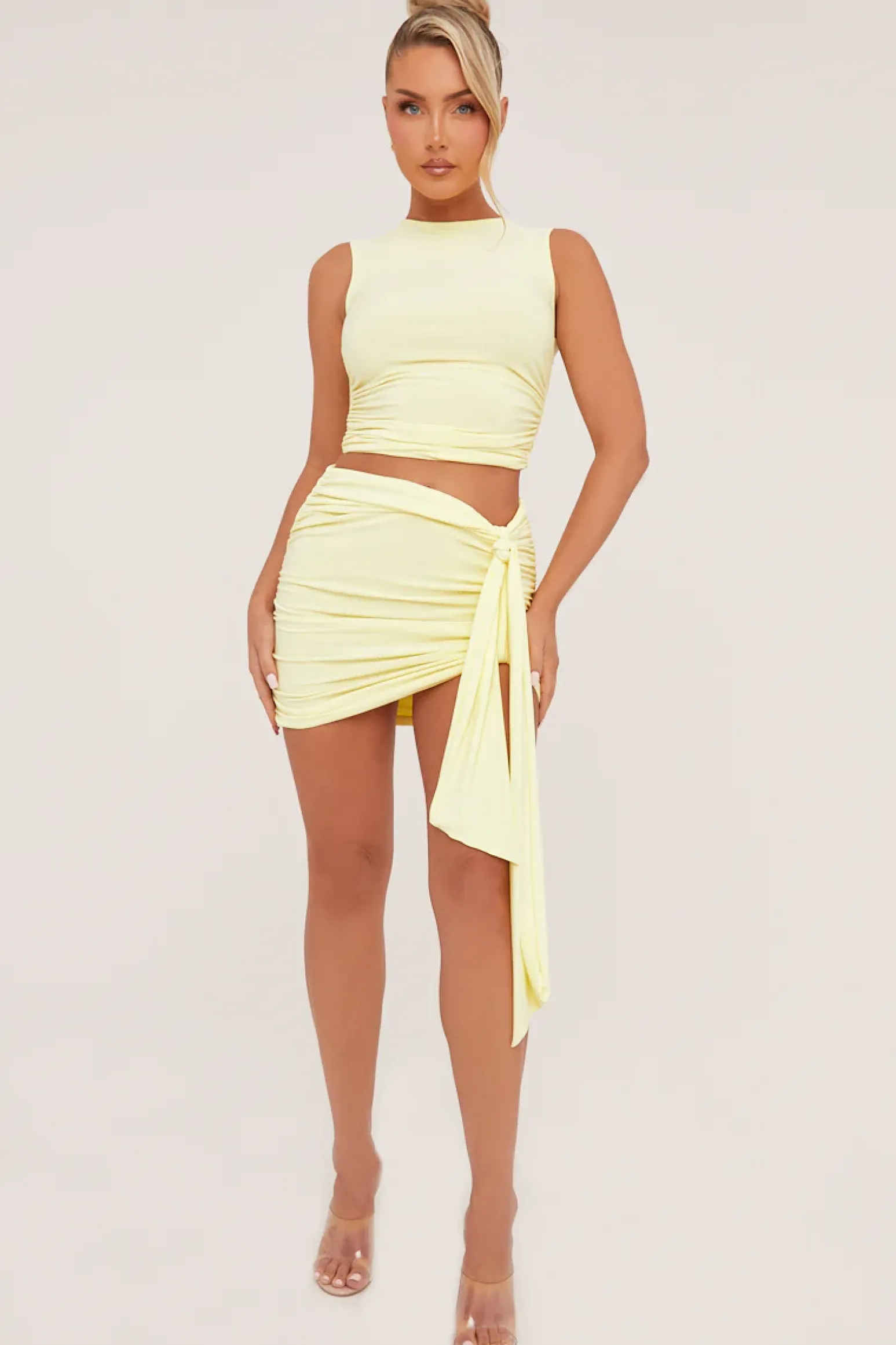 Rebellious Fashion Yellow Ruched Sleeveless Cropped Top & Mini Skirt Co-ord Set - Hallie