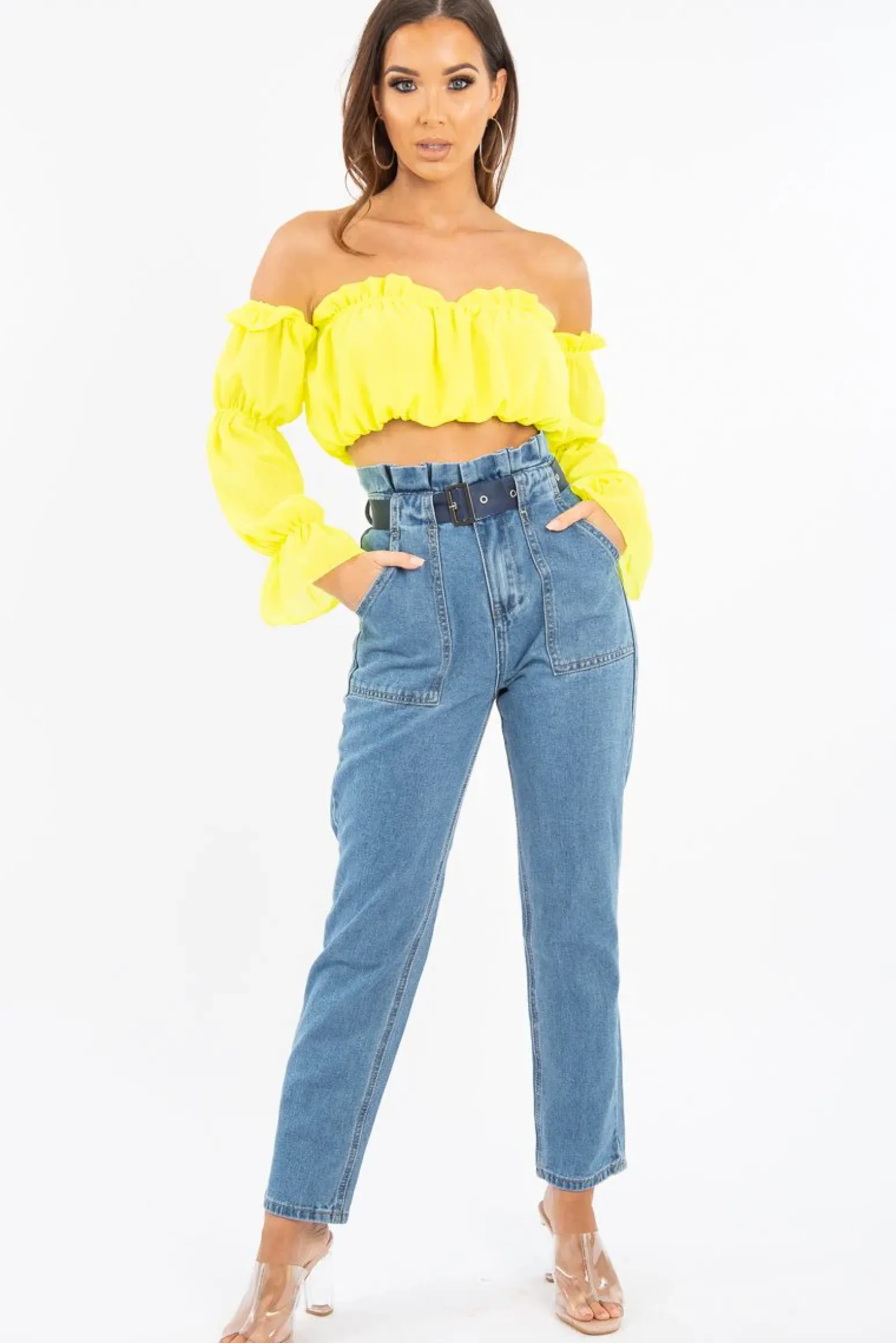 Rebellious Fashion Yellow Ruffle Bardot Crop Top - Aagna