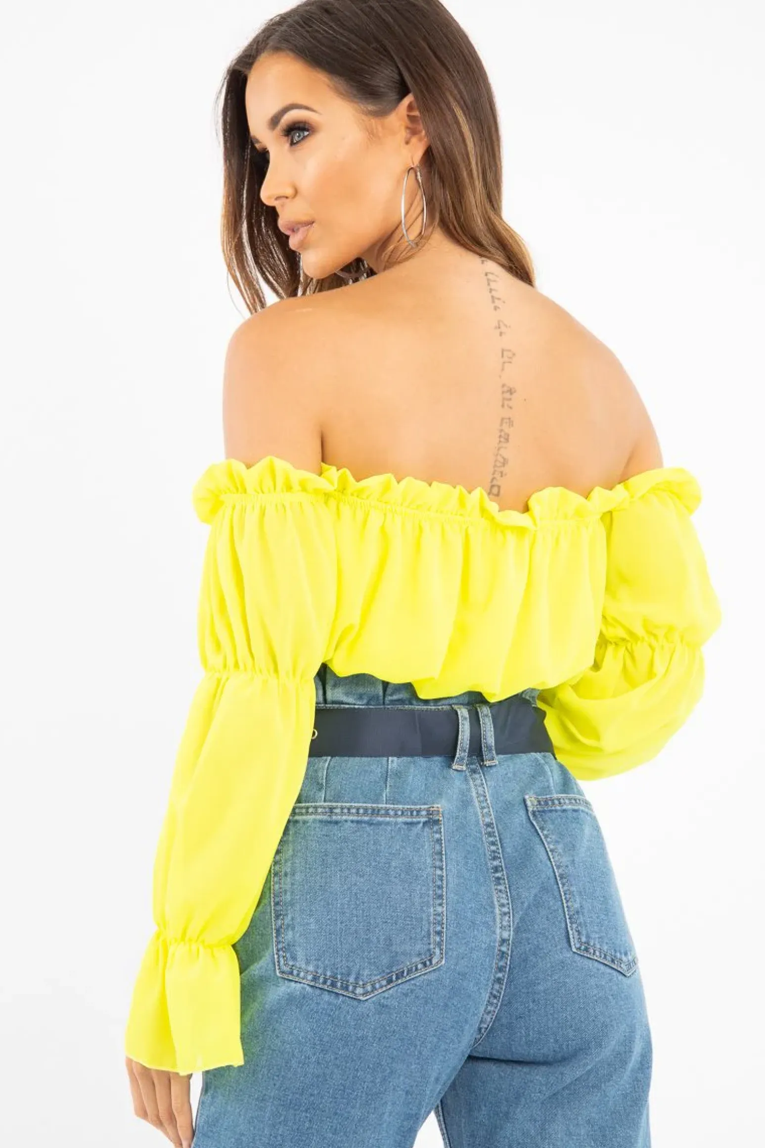 Rebellious Fashion Yellow Ruffle Bardot Crop Top - Aagna