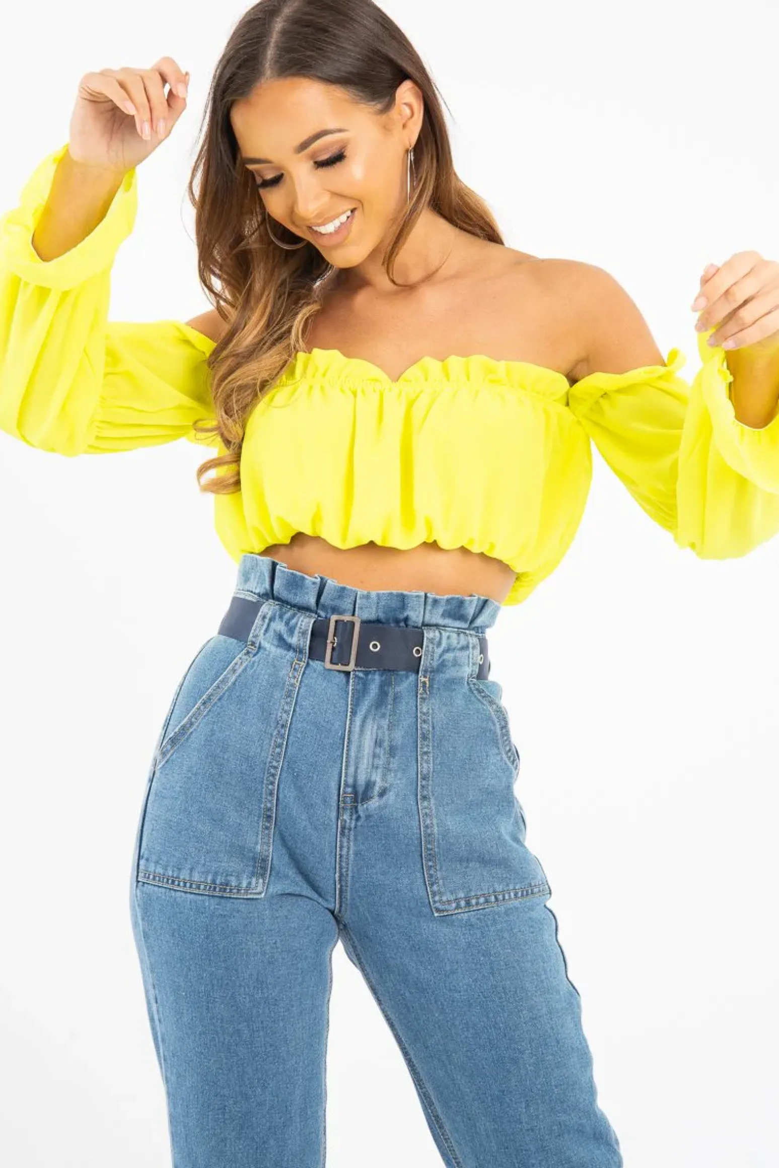 Rebellious Fashion Yellow Ruffle Bardot Crop Top - Aagna