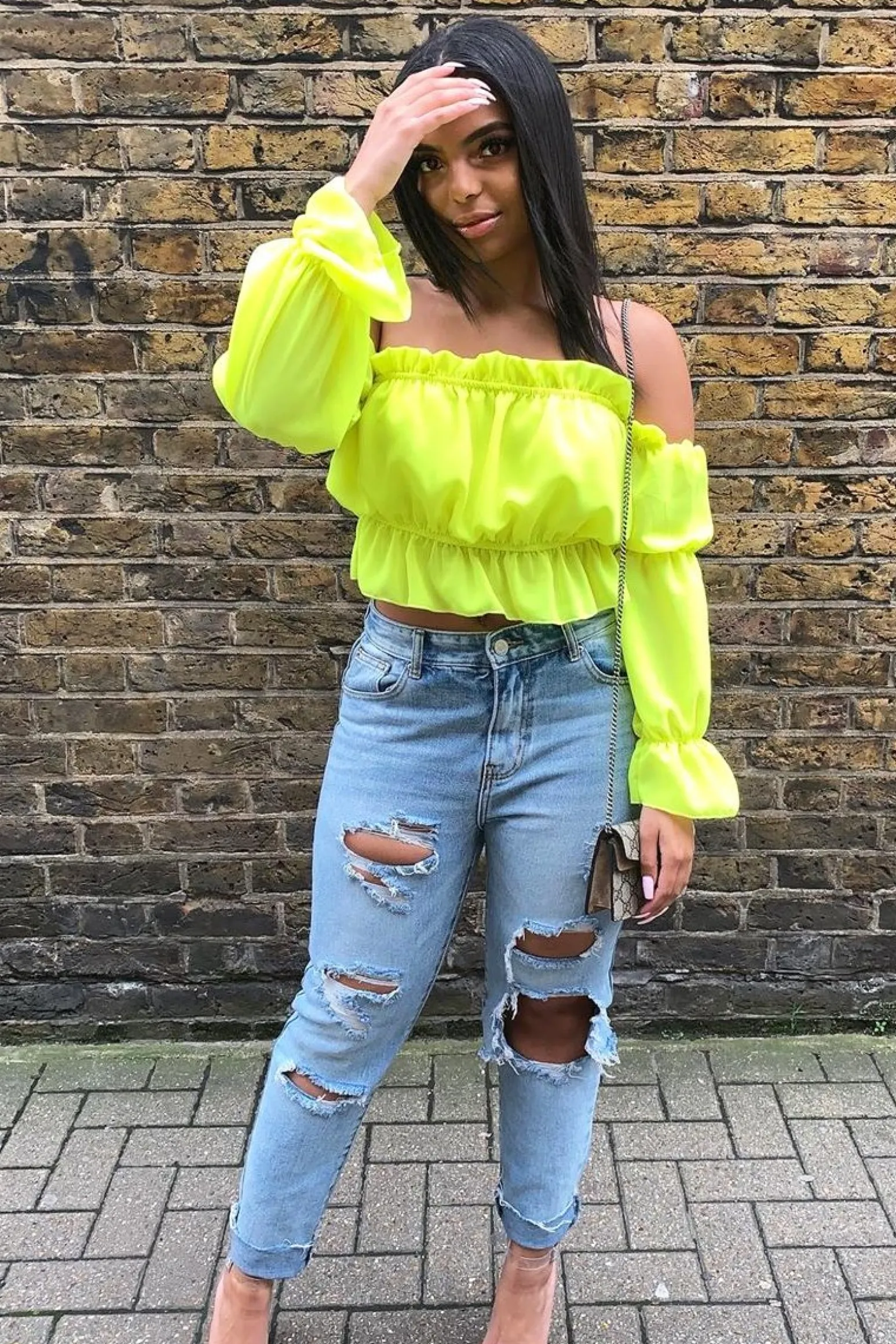 Rebellious Fashion Yellow Ruffle Bardot Crop Top - Aagna