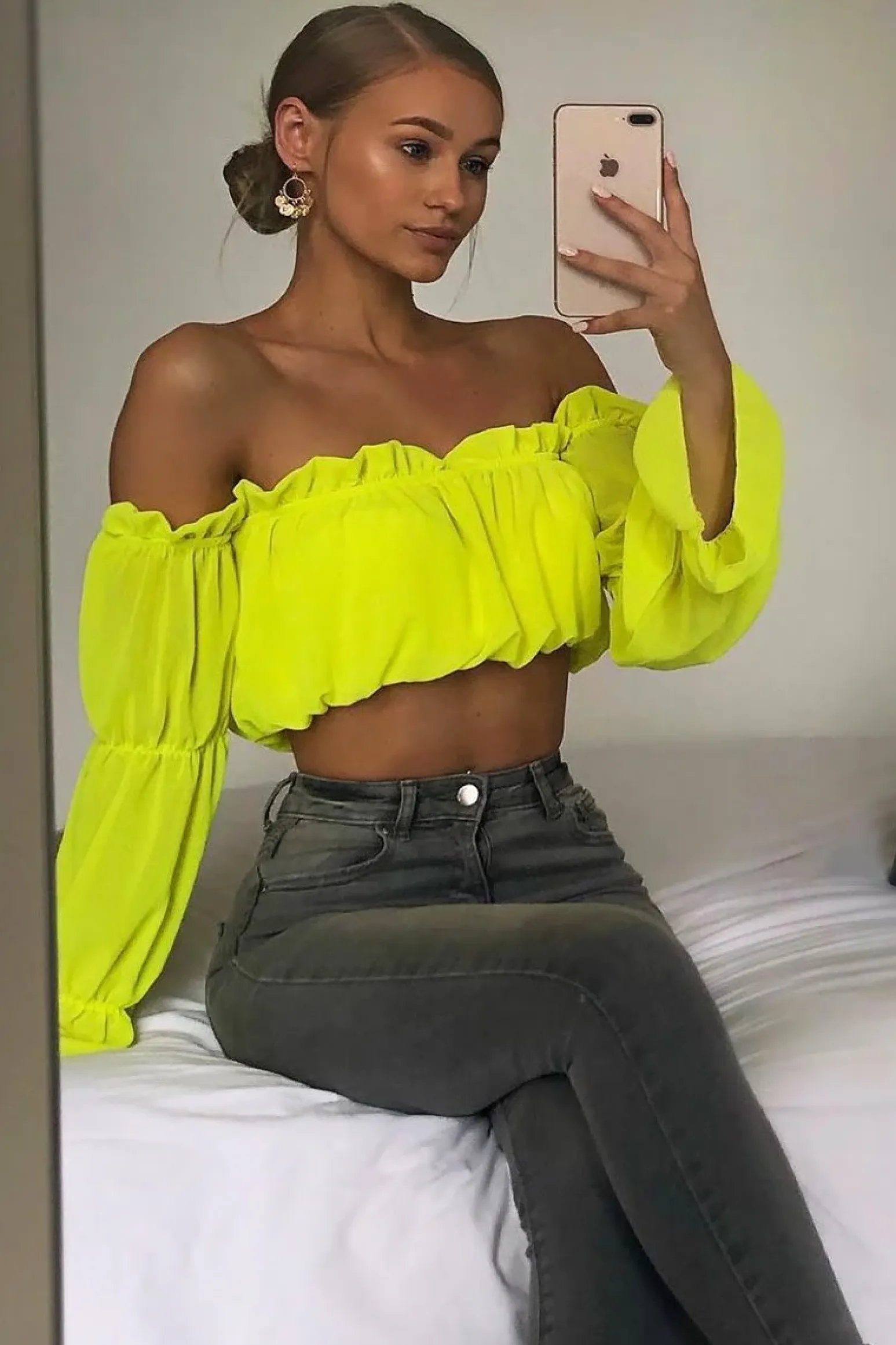 Rebellious Fashion Yellow Ruffle Bardot Crop Top - Aagna