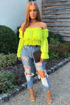 Rebellious Fashion Yellow Ruffle Bardot Crop Top - Aagna