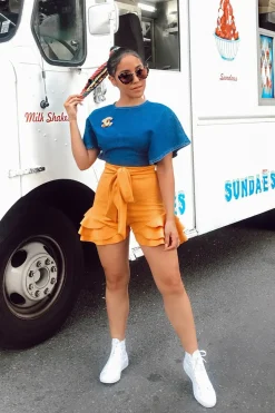 Rebellious Fashion Yellow Ruffle Trim Belted Shorts - Afra