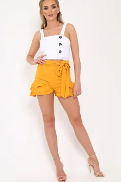 Rebellious Fashion Yellow Ruffle Trim Belted Shorts - Afra