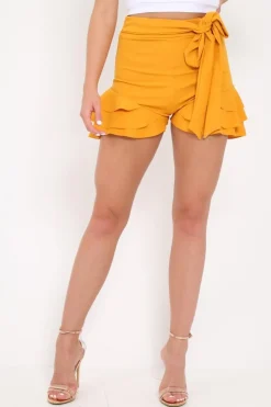 Rebellious Fashion Yellow Ruffle Trim Belted Shorts - Afra