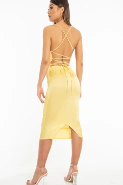 Rebellious Fashion Yellow Satin Cowl Neck Midi Bodycon Dress - Liliana