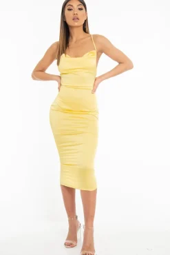 Rebellious Fashion Yellow Satin Cowl Neck Midi Bodycon Dress - Liliana