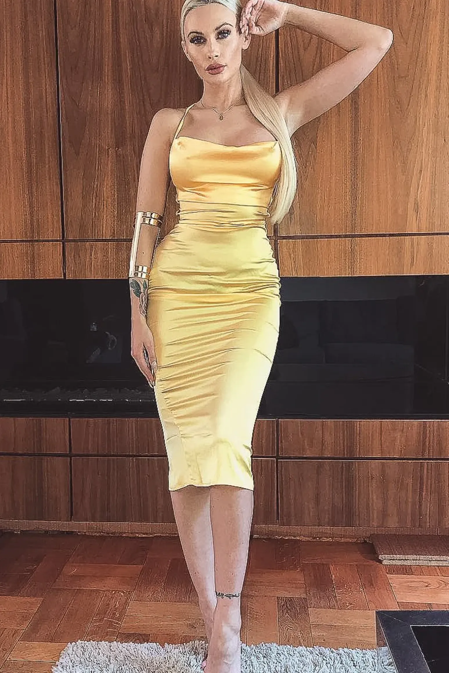 Rebellious Fashion Yellow Satin Cowl Neck Midi Bodycon Dress - Liliana