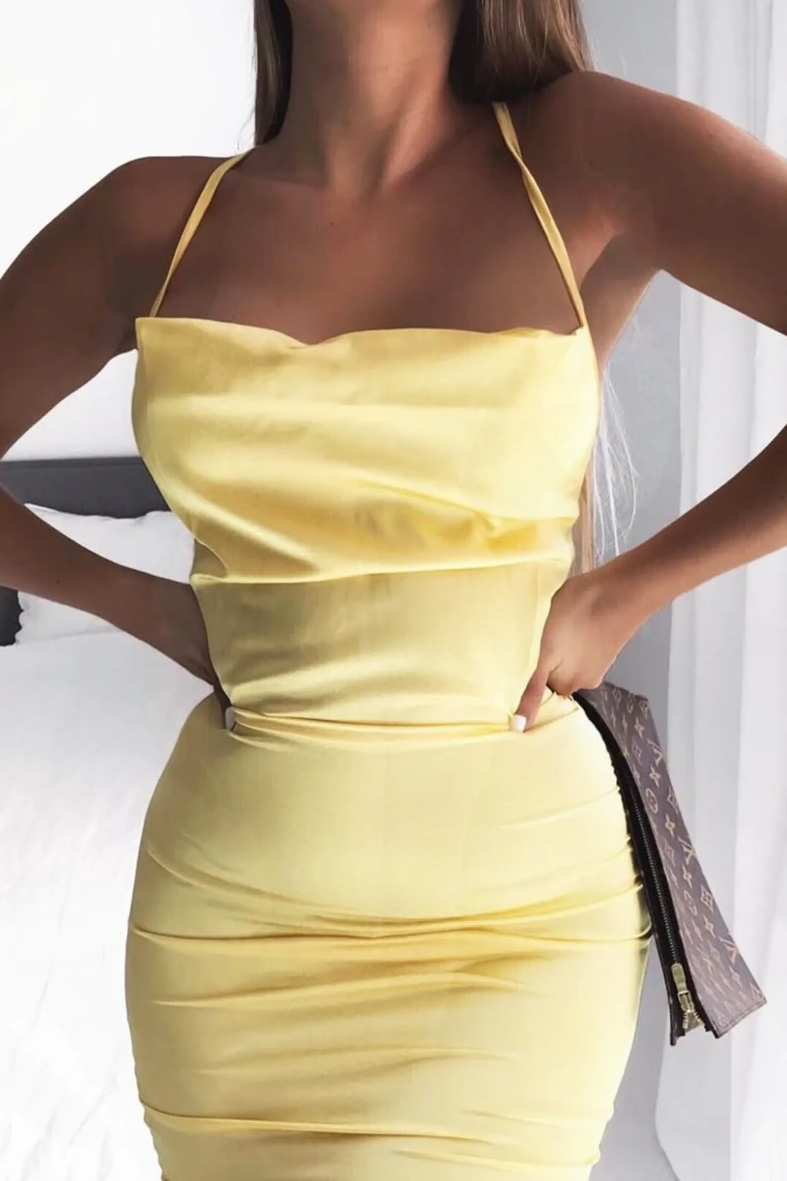 Rebellious Fashion Yellow Satin Cowl Neck Midi Bodycon Dress - Liliana