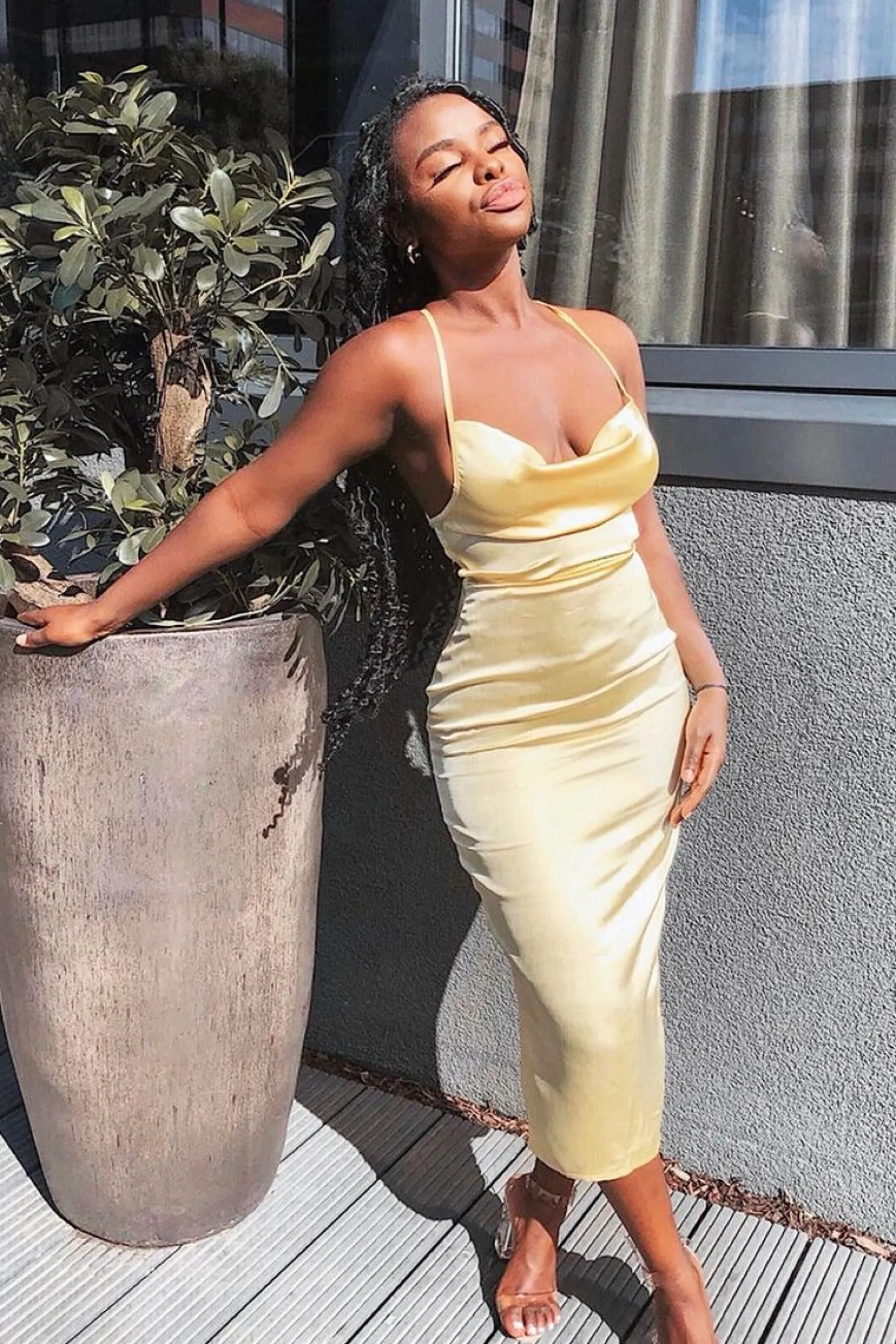 Rebellious Fashion Yellow Satin Cowl Neck Midi Bodycon Dress - Liliana
