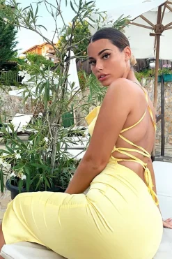Rebellious Fashion Yellow Satin Cowl Neck Midi Bodycon Dress - Liliana