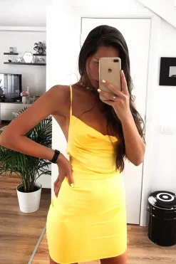 Rebellious Fashion Yellow Satin Lace Up Bodycon Mini Dress - Sira