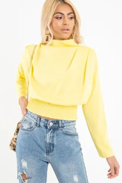 Rebellious Fashion Yellow Satin Shoulder Pad Shirred Waist Blouse - Farida