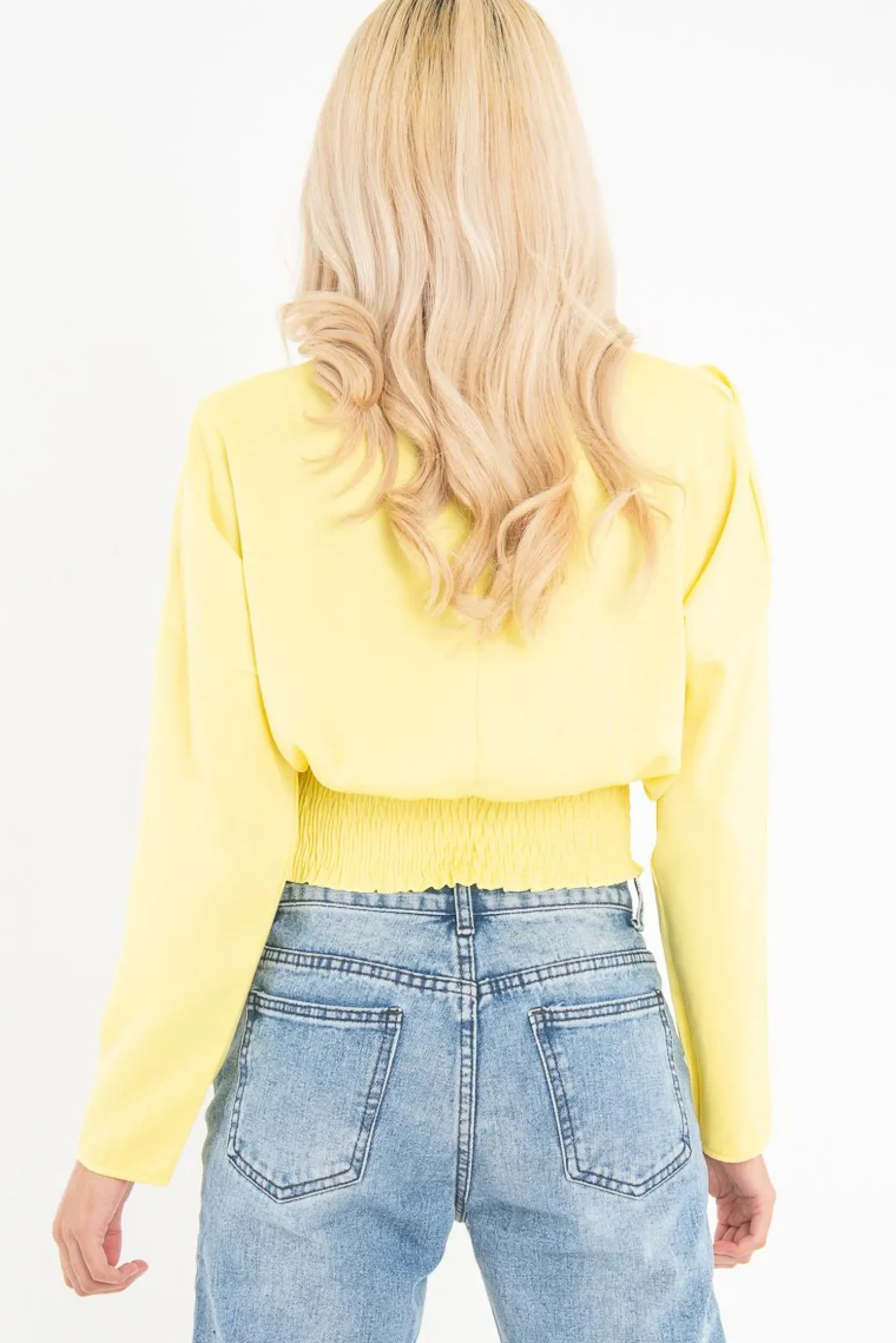 Rebellious Fashion Yellow Satin Shoulder Pad Shirred Waist Blouse - Farida