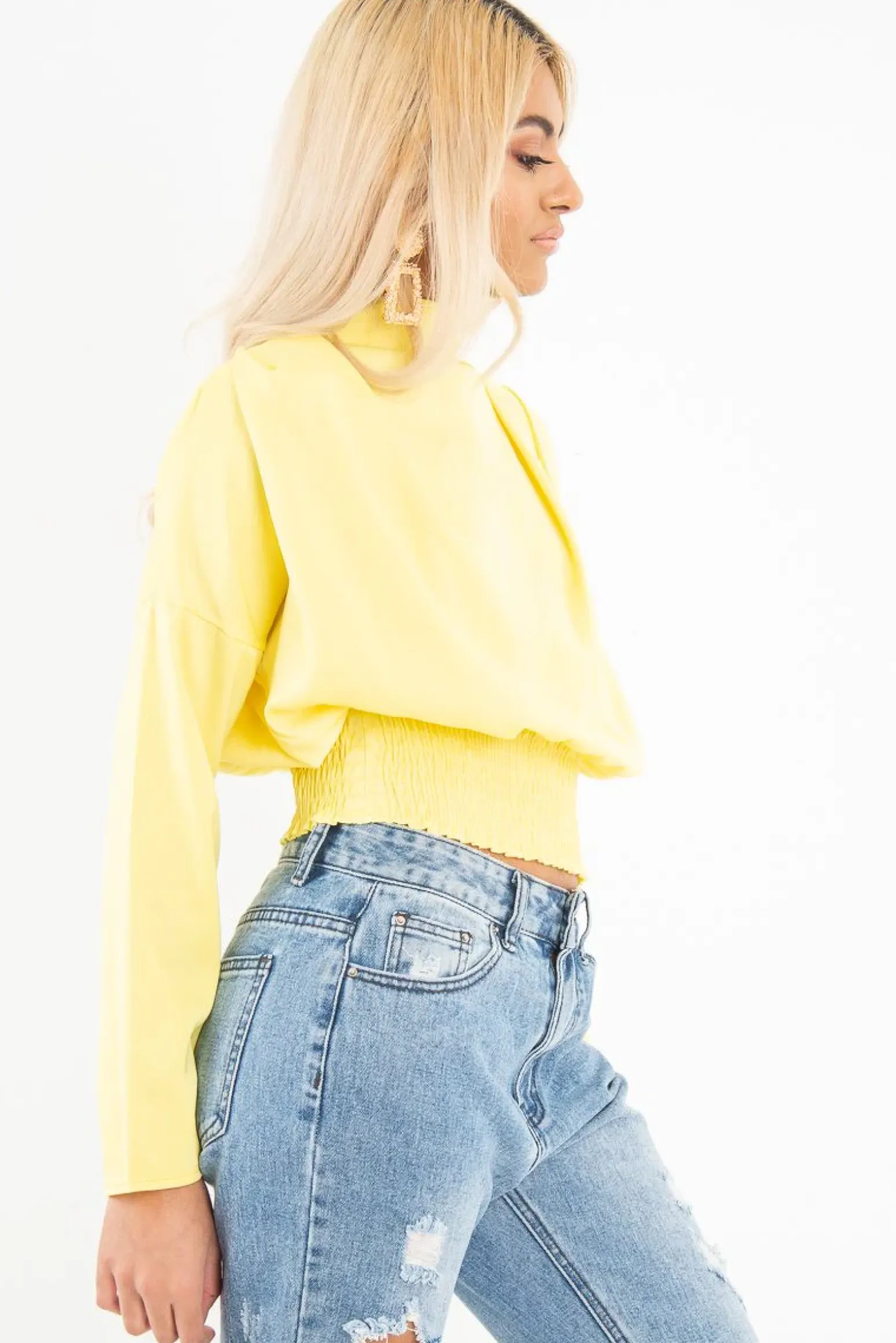 Rebellious Fashion Yellow Satin Shoulder Pad Shirred Waist Blouse - Farida