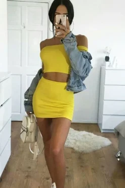 Rebellious Fashion Yellow Shirred Bardot Crop top - Emani