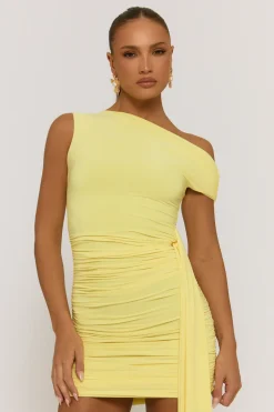 Rebellious Fashion Yellow Slinky Off Shoulder Drape Mini Dress - Olivia