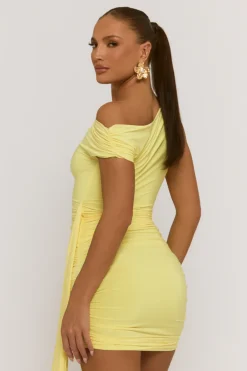 Rebellious Fashion Yellow Slinky Off Shoulder Drape Mini Dress - Olivia