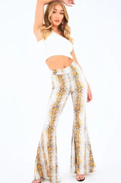 Rebellious Fashion Yellow Snake Print High Waisted Flared Trousers - Kamryn