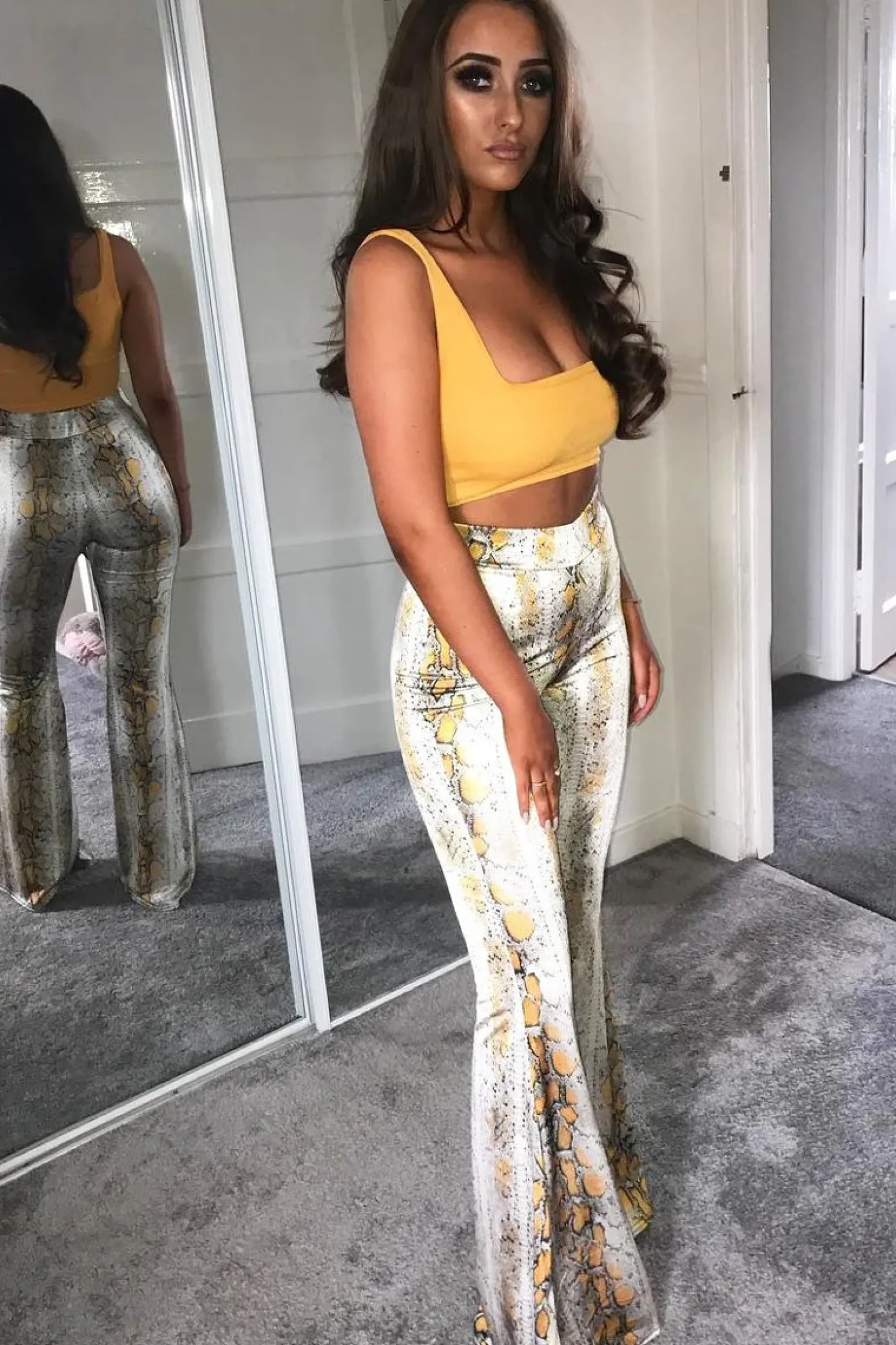 Rebellious Fashion Yellow Snake Print High Waisted Flared Trousers - Kamryn
