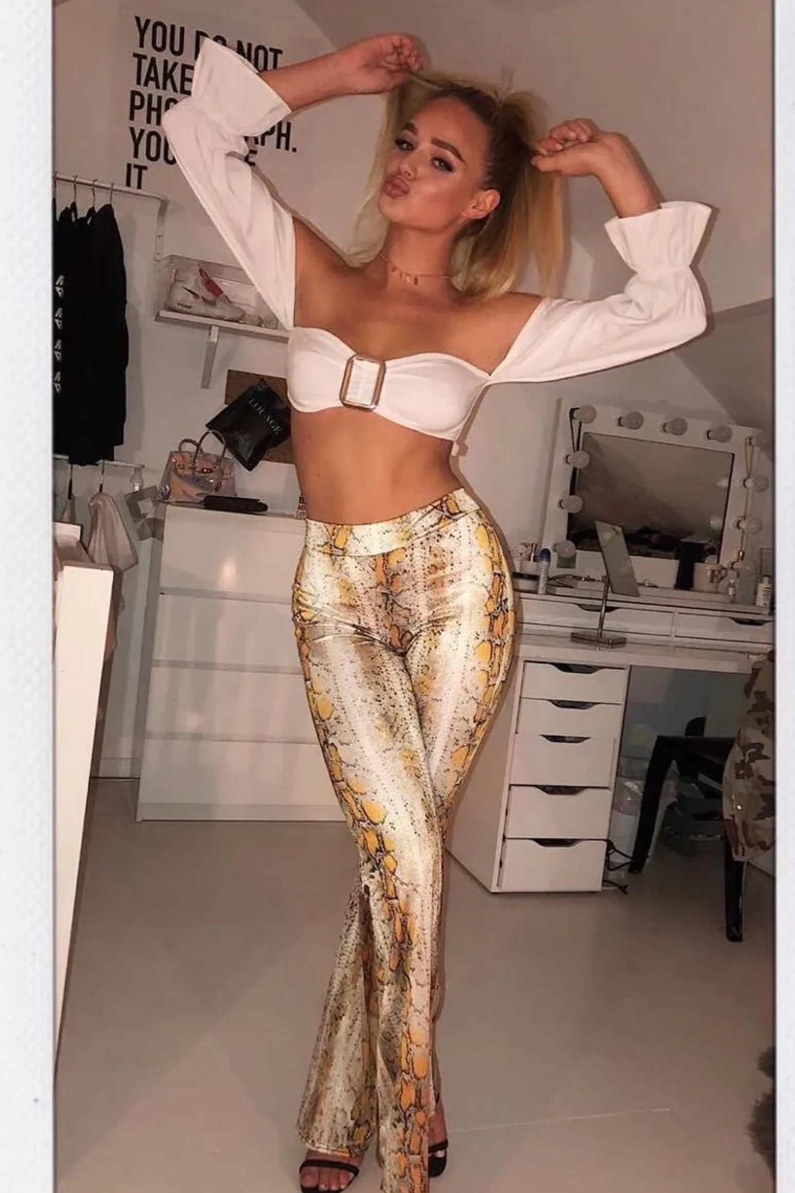 Rebellious Fashion Yellow Snake Print High Waisted Flared Trousers - Kamryn