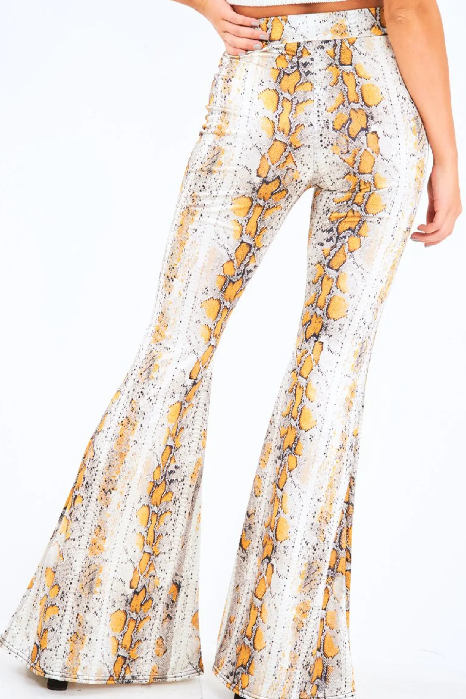 Rebellious Fashion Yellow Snake Print High Waisted Flared Trousers - Kamryn