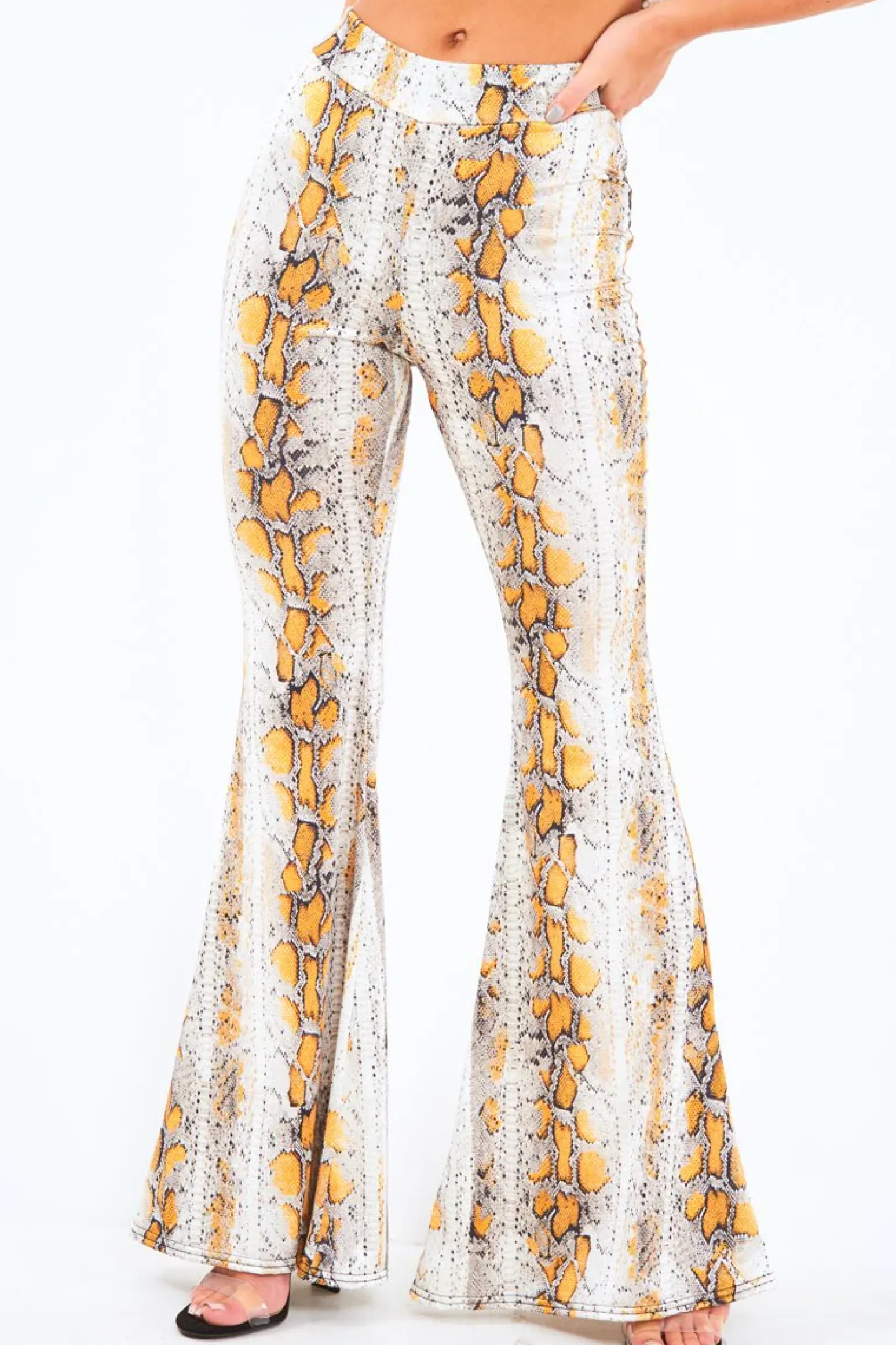 Rebellious Fashion Yellow Snake Print High Waisted Flared Trousers - Kamryn