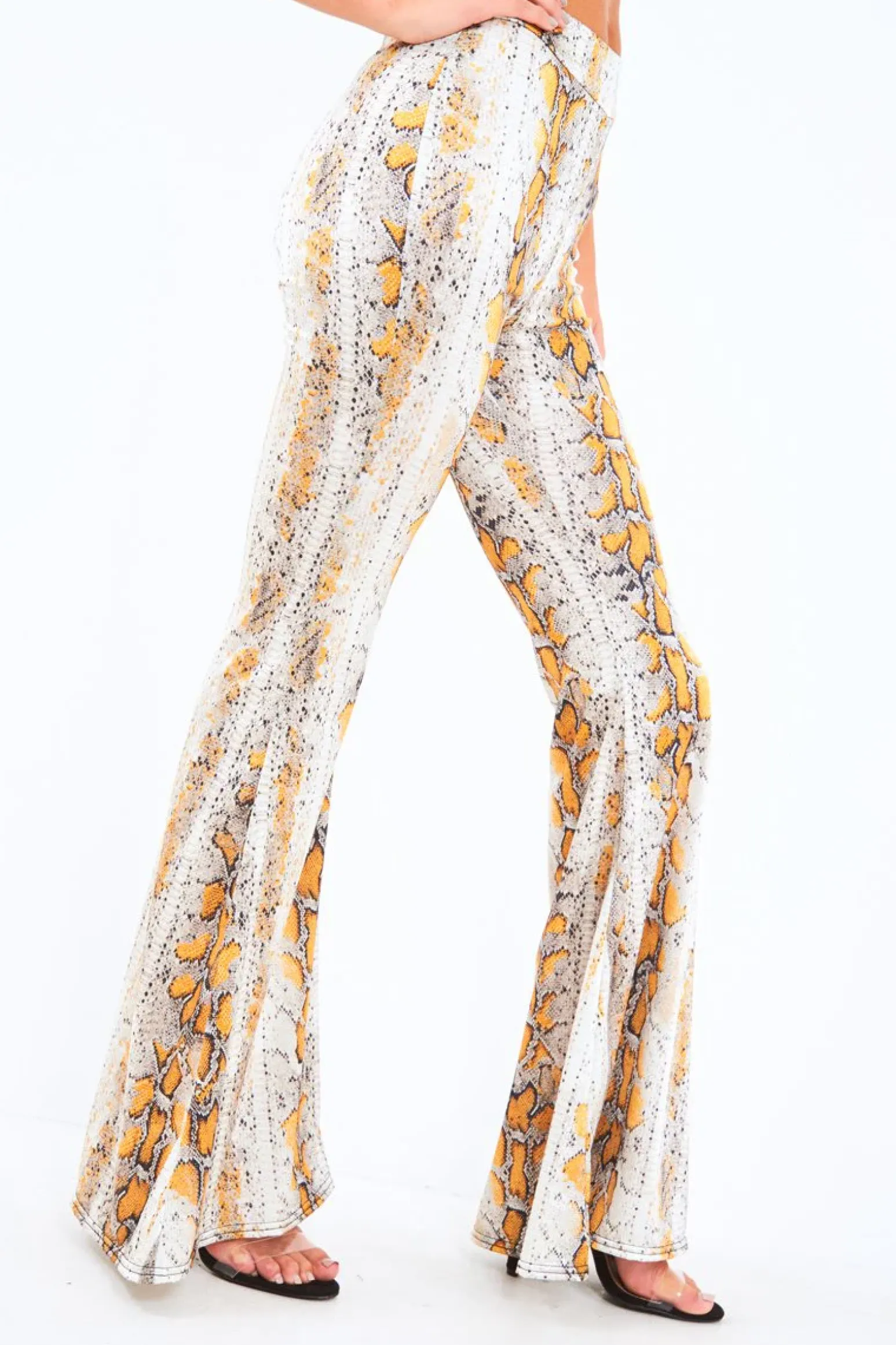 Rebellious Fashion Yellow Snake Print High Waisted Flared Trousers - Kamryn