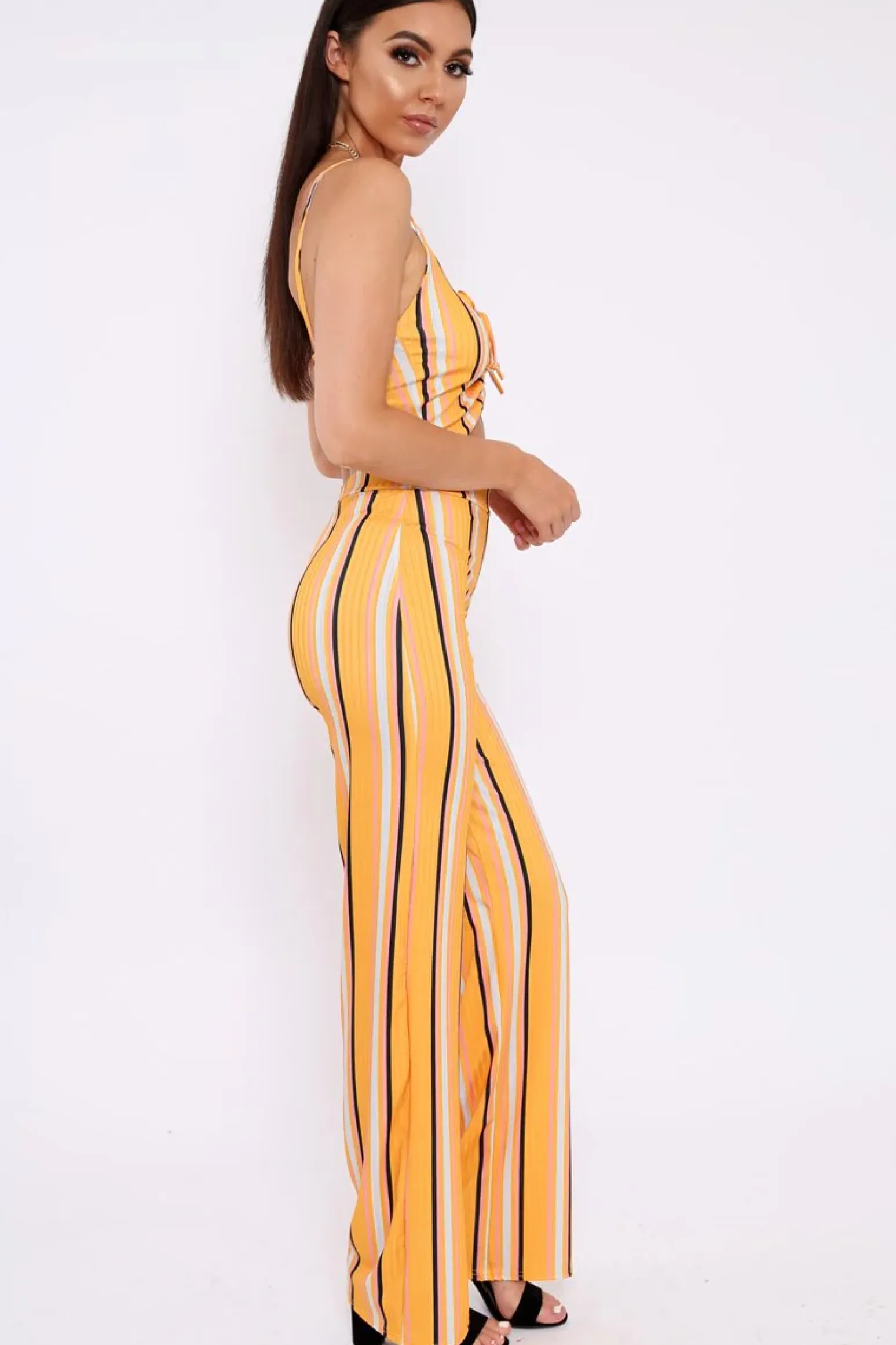 Rebellious Fashion Yellow Stripe Crop Top And Trousers Co-Ord - Annabella