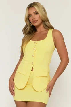 Rebellious Fashion Yellow Tailored Waistcoat and Skirt Co-ord Set - Louella