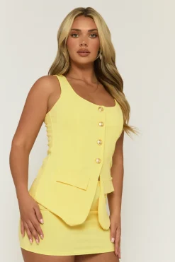 Rebellious Fashion Yellow Tailored Waistcoat and Skirt Co-ord Set - Louella