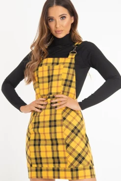 Rebellious Fashion Yellow Tartan Check Pinafore Mini Dress - Ruby