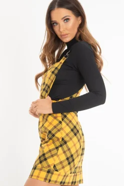 Rebellious Fashion Yellow Tartan Check Pinafore Mini Dress - Ruby