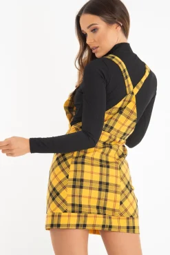 Rebellious Fashion Yellow Tartan Check Pinafore Mini Dress - Ruby