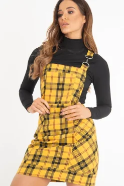 Rebellious Fashion Yellow Tartan Check Pinafore Mini Dress - Ruby
