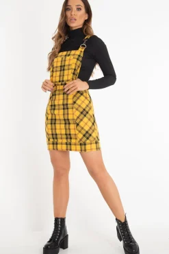 Rebellious Fashion Yellow Tartan Check Pinafore Mini Dress - Ruby