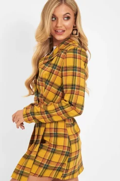Rebellious Fashion Yellow Tartan Crop Blazer Pleated Skirt Co-Ord - Holly