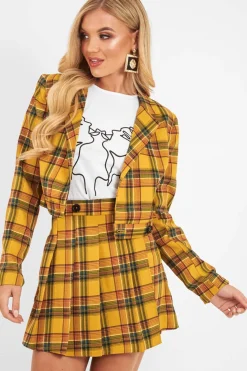Rebellious Fashion Yellow Tartan Crop Blazer Pleated Skirt Co-Ord - Holly