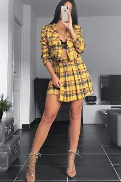 Rebellious Fashion Yellow Tartan Crop Blazer Pleated Skirt Co-Ord - Holly