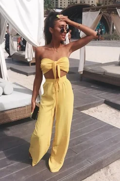 Rebellious Fashion Yellow Tie Front Bandeau Wide Leg Trouser Co-Ord - Roselia