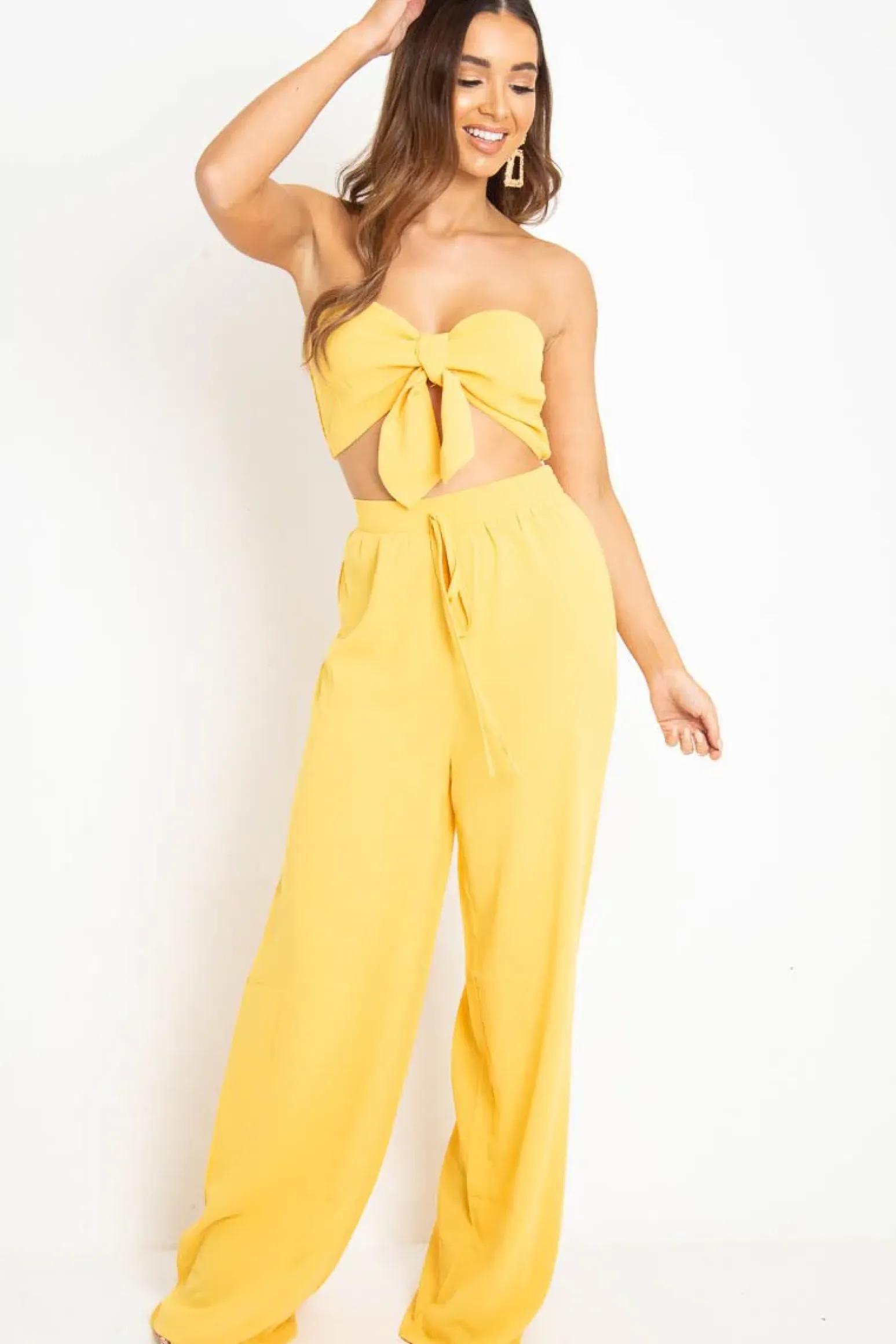 Rebellious Fashion Yellow Tie Front Bandeau Wide Leg Trouser Co-Ord - Roselia