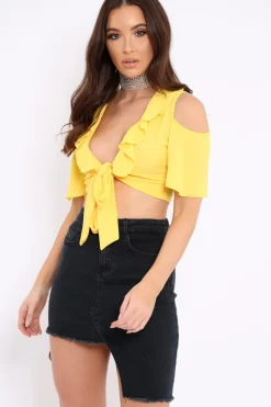 Rebellious Fashion Yellow Tie Front Cold Shoulder Crepe Crop Top - Dalia