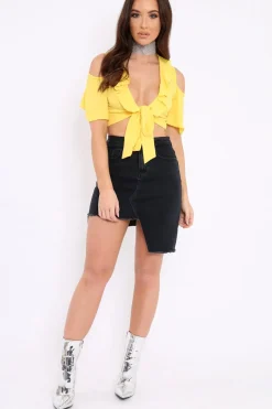 Rebellious Fashion Yellow Tie Front Cold Shoulder Crepe Crop Top - Dalia