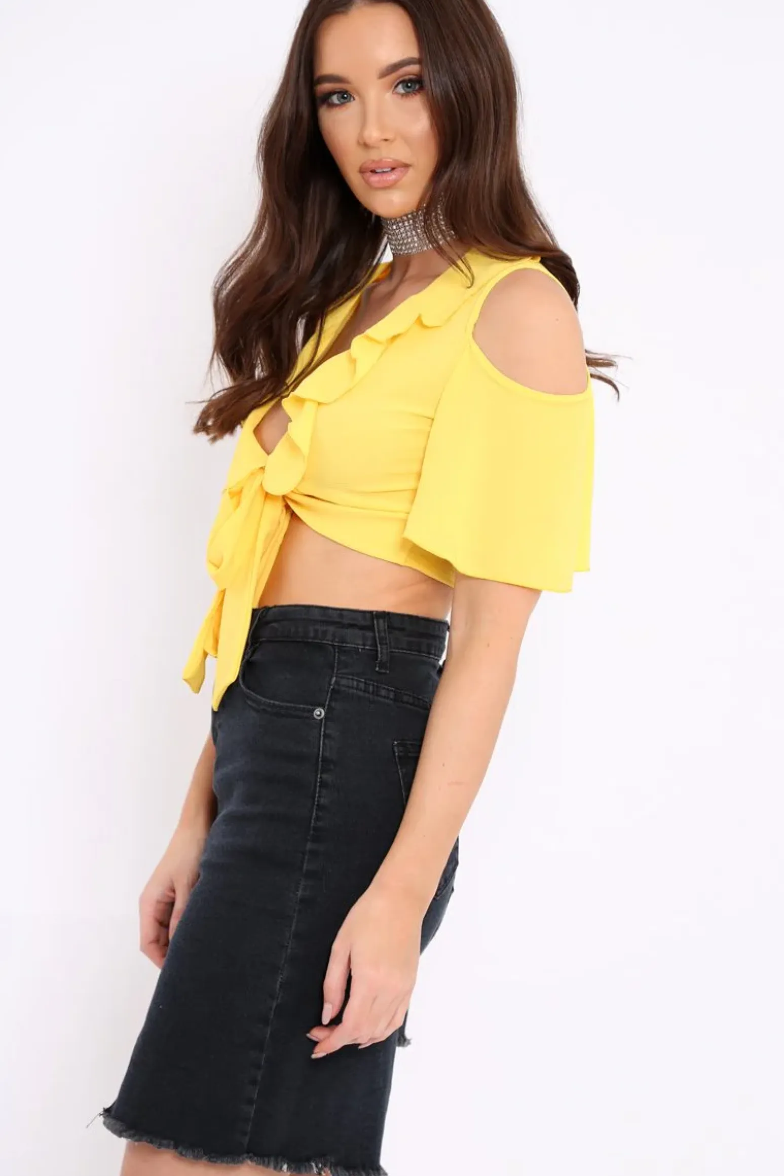 Rebellious Fashion Yellow Tie Front Cold Shoulder Crepe Crop Top - Dalia