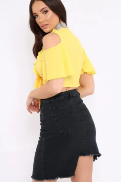 Rebellious Fashion Yellow Tie Front Cold Shoulder Crepe Crop Top - Dalia