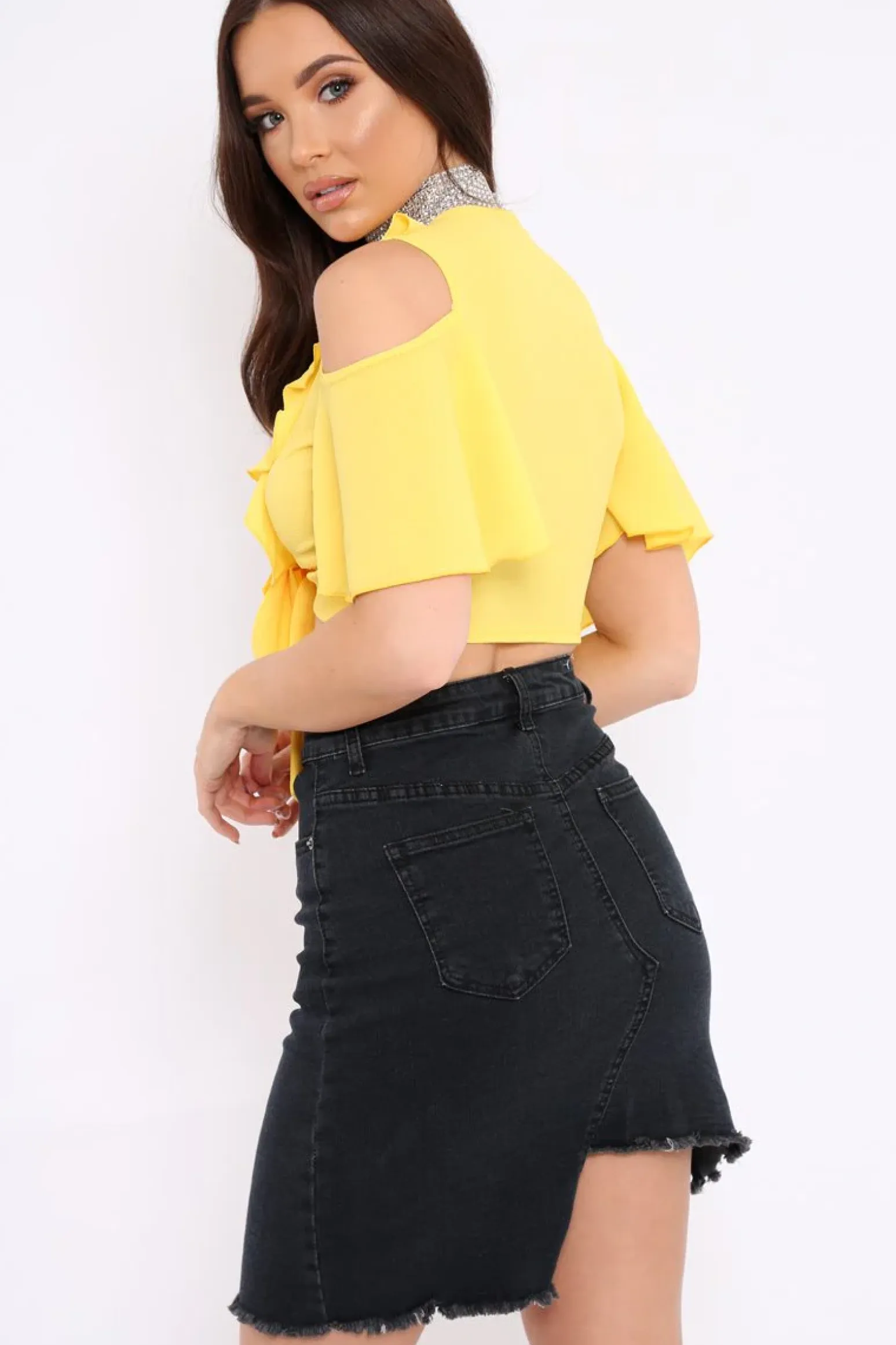 Rebellious Fashion Yellow Tie Front Cold Shoulder Crepe Crop Top - Dalia