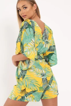 Rebellious Fashion Yellow Tropical Kimono Sleeve Playsuit - Suzy
