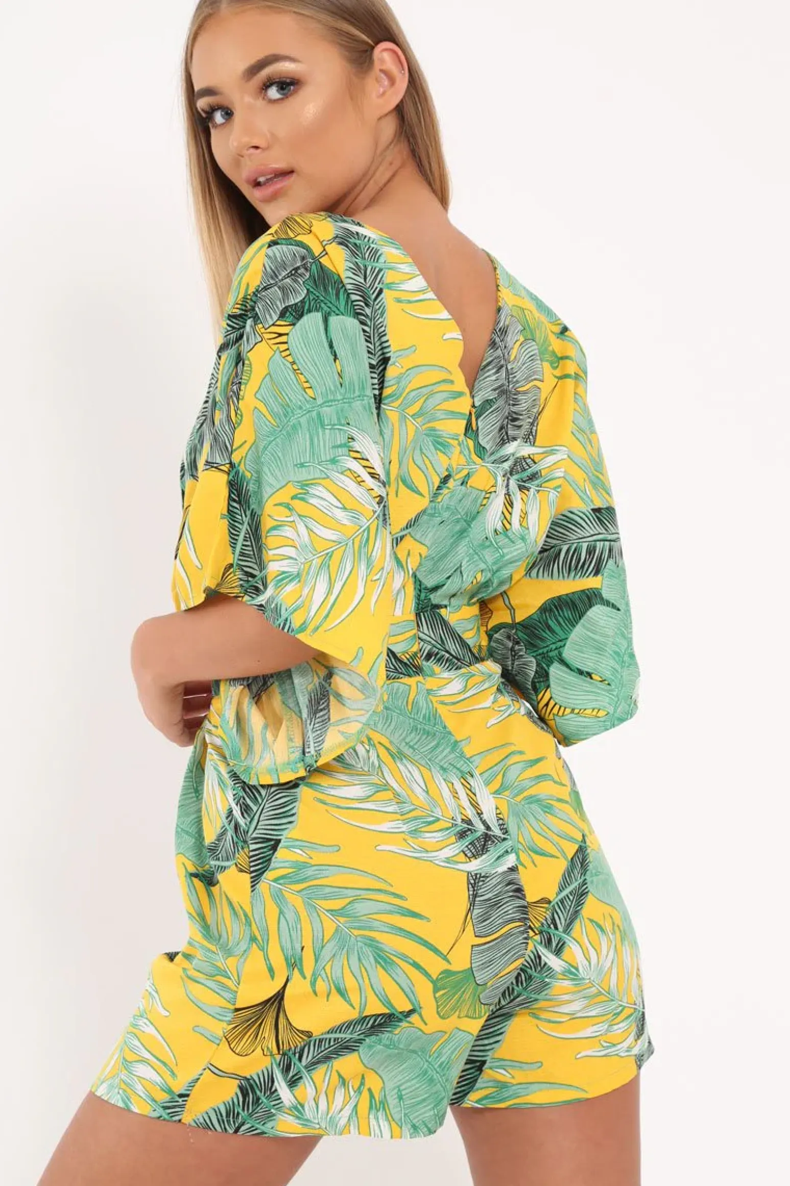 Rebellious Fashion Yellow Tropical Kimono Sleeve Playsuit - Suzy